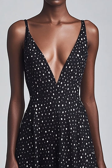Black and White Chiffon Deep V-Neck Maxi Boho A Line Polka Dot Dress